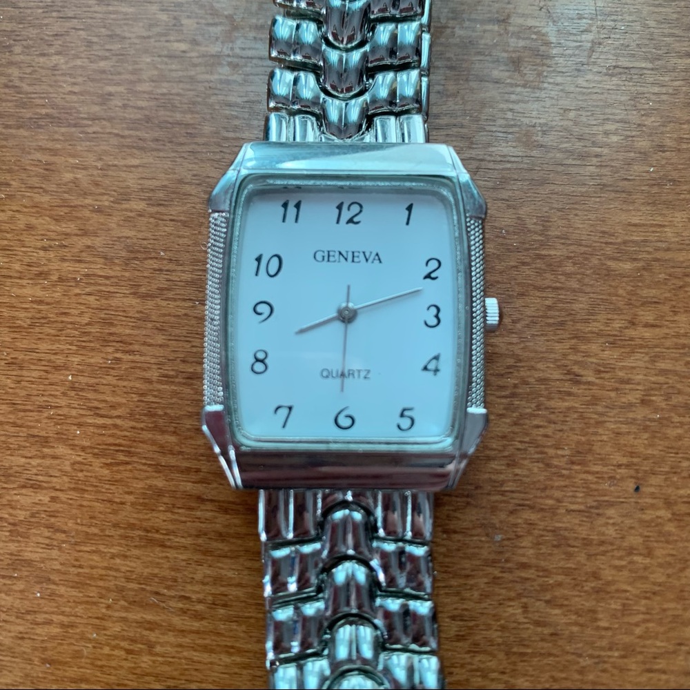 Vintage Geneva Quartz Rectangle Face Silvertone Band Watch stainless steel back